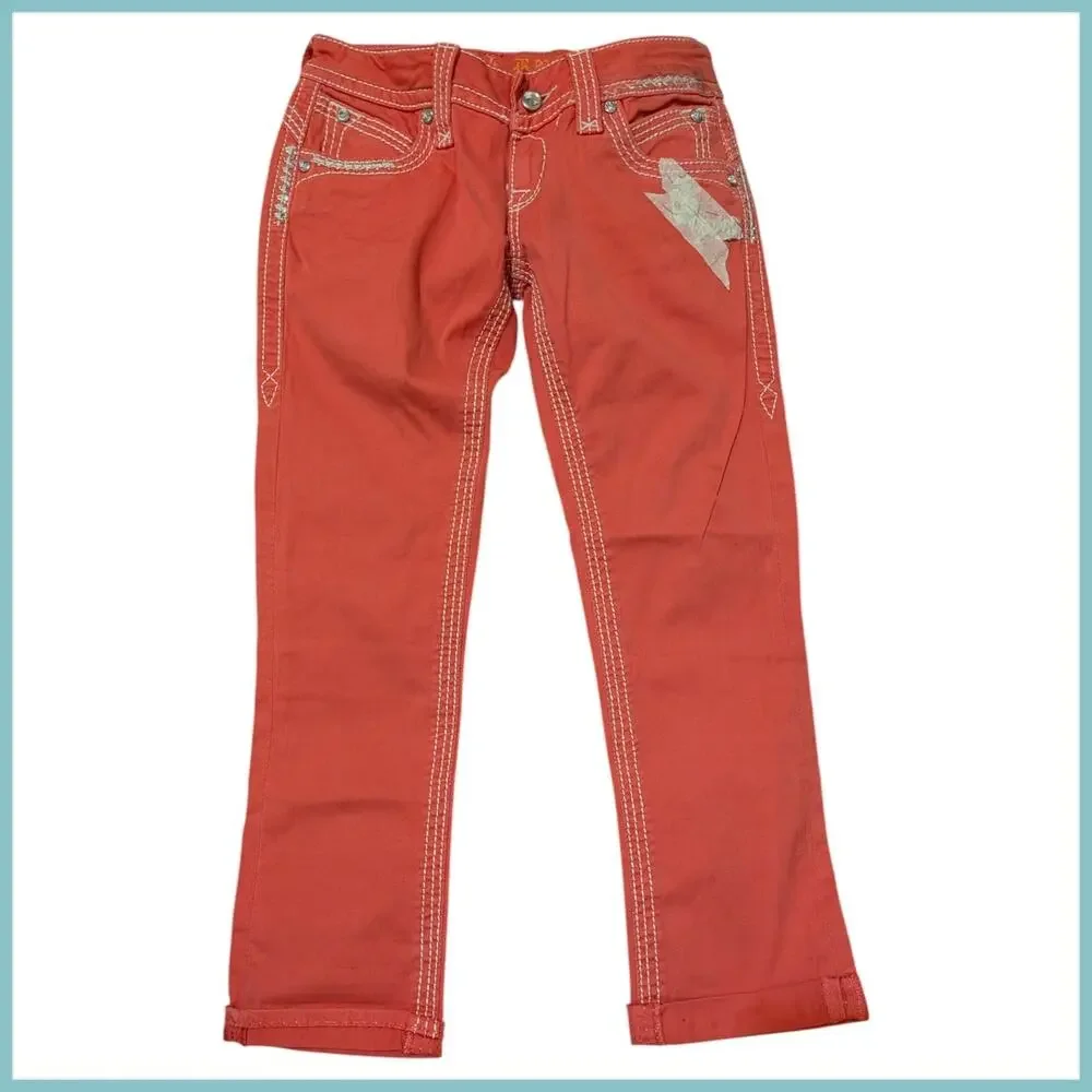 ROCK REVIVAL Scarlett Low Rise Rhinestone Flap Pocket Capri Women's 26 Y2K Bling